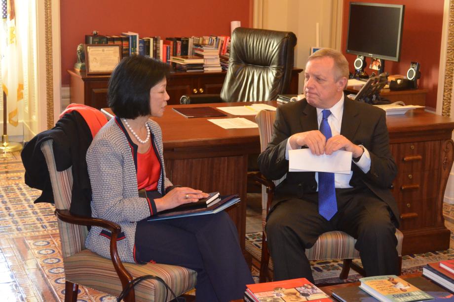 University of Illinois at Urbana-Champaign Chancellor Phyllis Wise met with U.S. Senator Dick Durbin (D-IL) today to discuss the importance of funding student research and innovation.